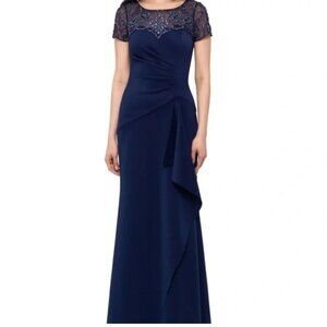 Xscape Long Scuba Dress with Ruching, Ruffles and Beading size 14